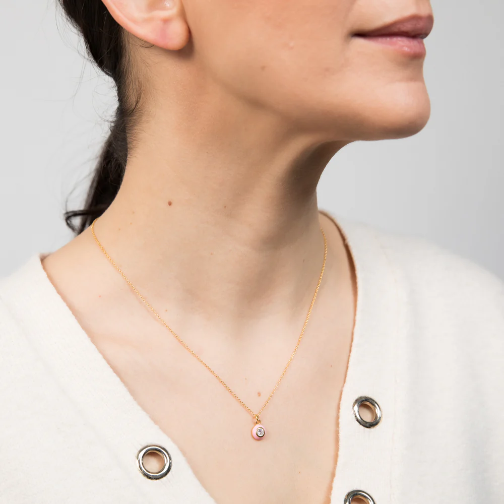 Gold Plated Sterling Silver Round Pink Enamel and Cubic Zirconia With 45cm Chain