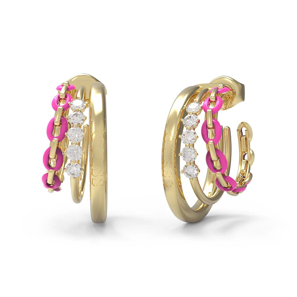 Guess Gold Plated Stainless Steel 20mm Triple Hoop Neon Pink Earring