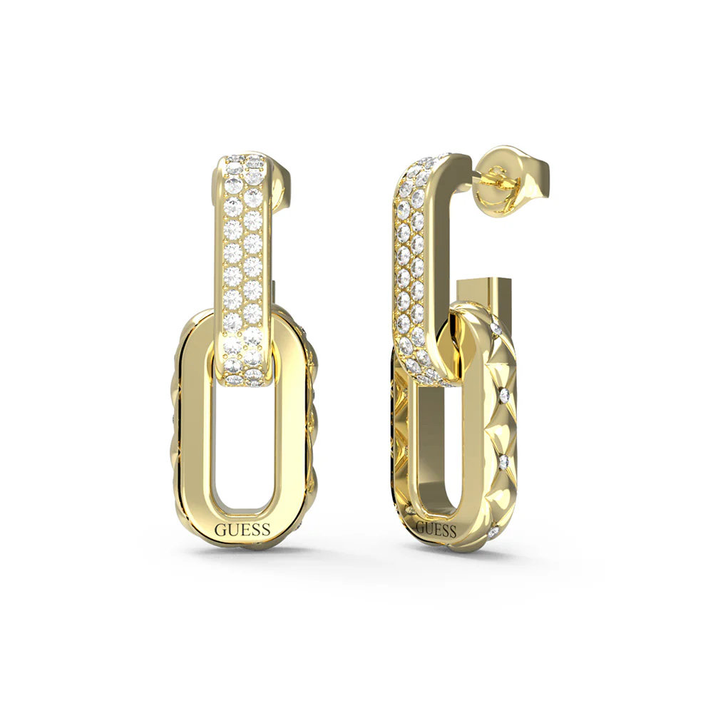 Guess Gold Plated Stainless Steel 30mm Matelasse Pave Double Link Drop Earrings