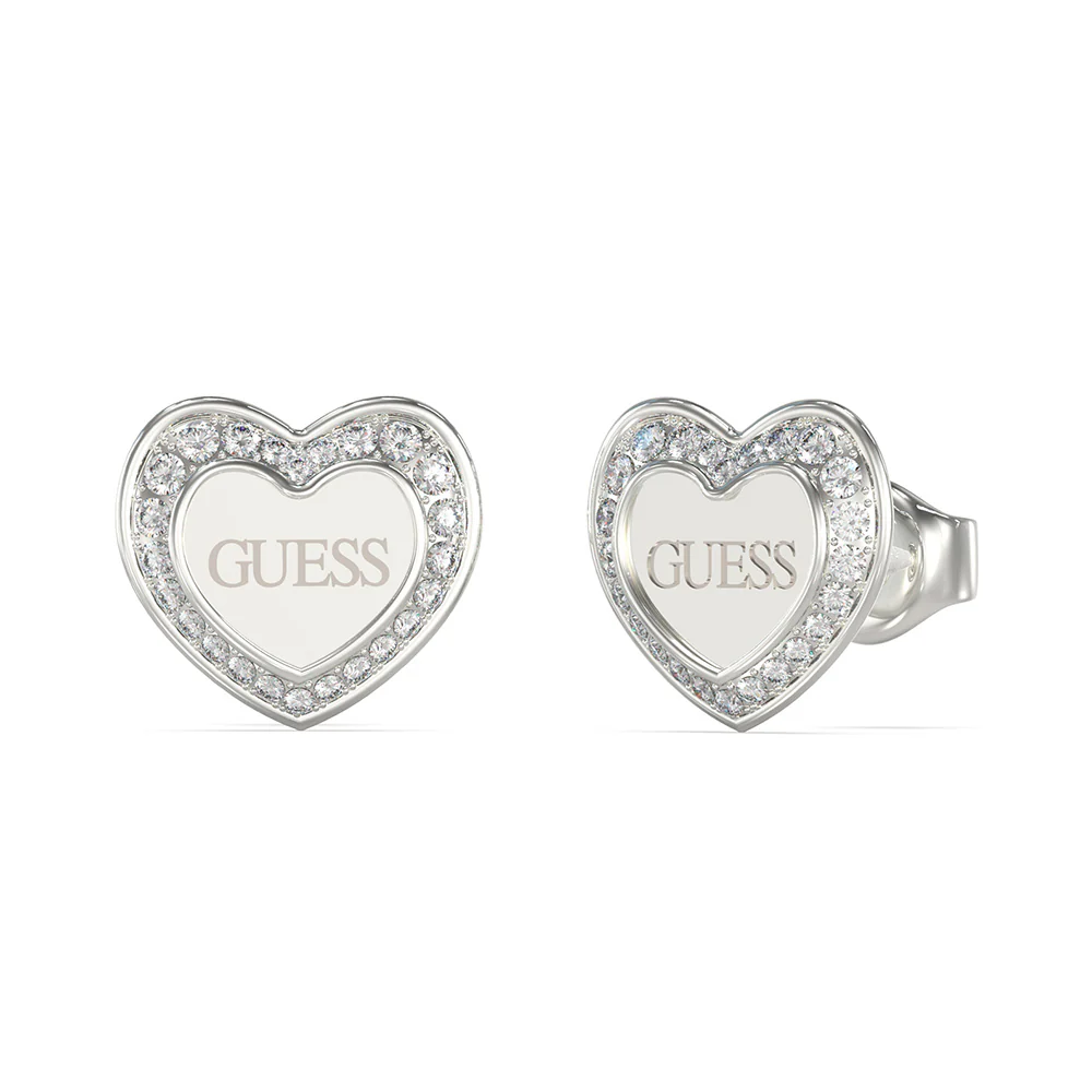 Guess Rhodium Plated Stainless Steel 12mm Crystal Heart Stud Earrings