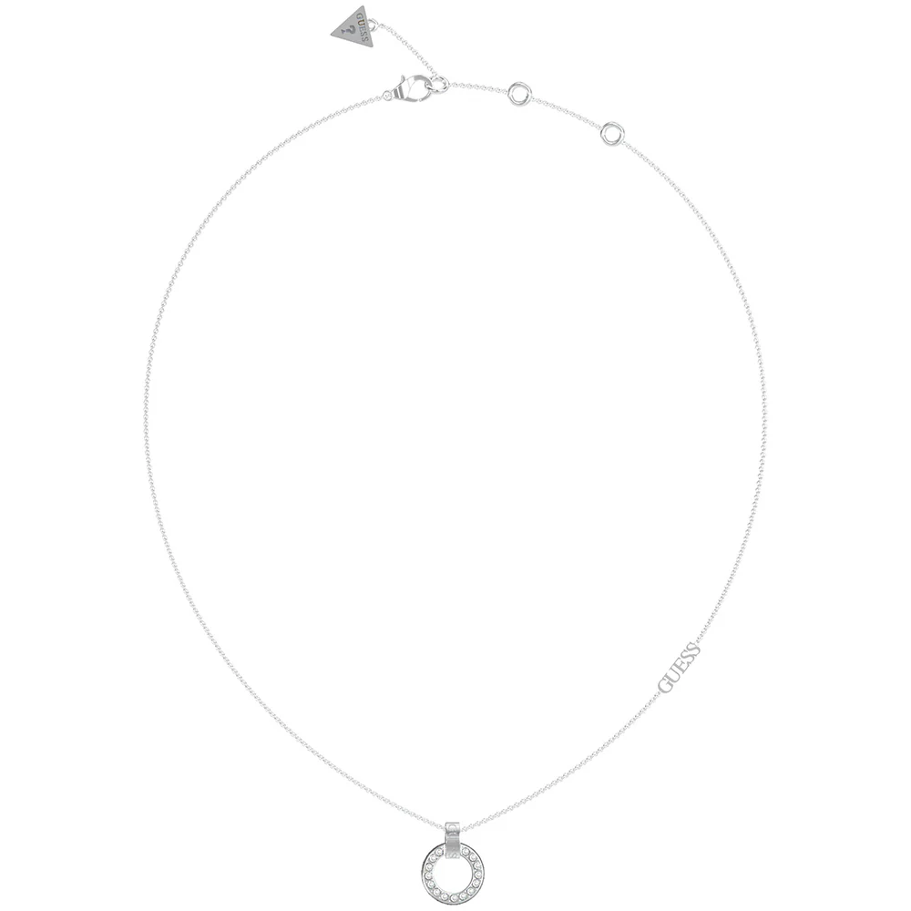 Guess Rhodium Plated Stainless Steel Pave Circle Pendant On 16-18" Chain
