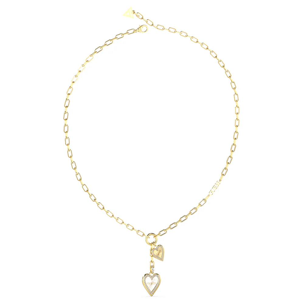 Guess Stainless Steel Gold Plated Double Heart Pendant On Paperlink 16-18" Chain