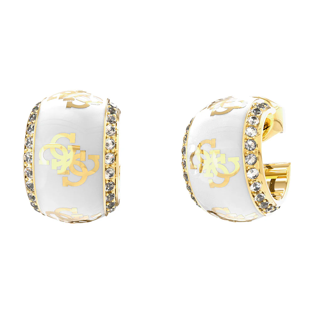 Guess Yellow Gold Plated 4G White Bead Mini 15mm Hoop Earrings