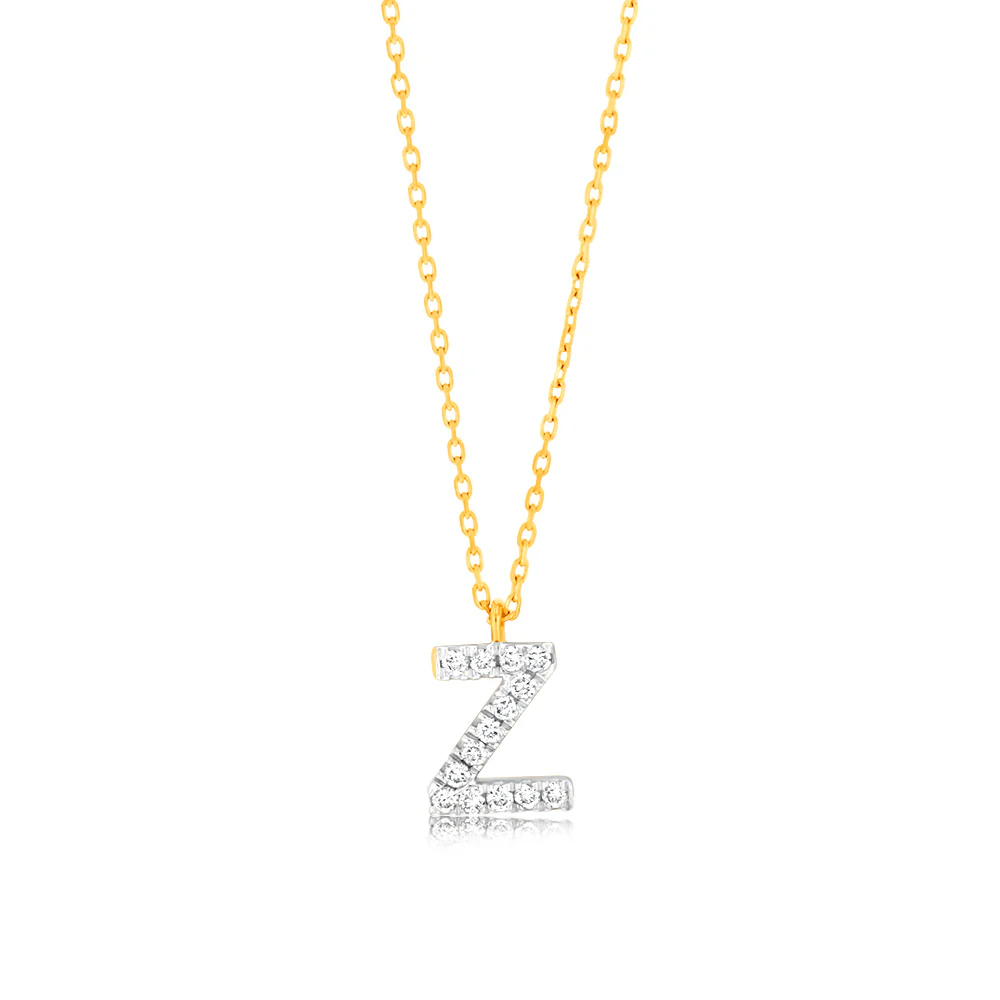 Luminesce Lab Diamond Z Initial Pendant in 9ct Yellow Gold with Adjustable 45cm Chain