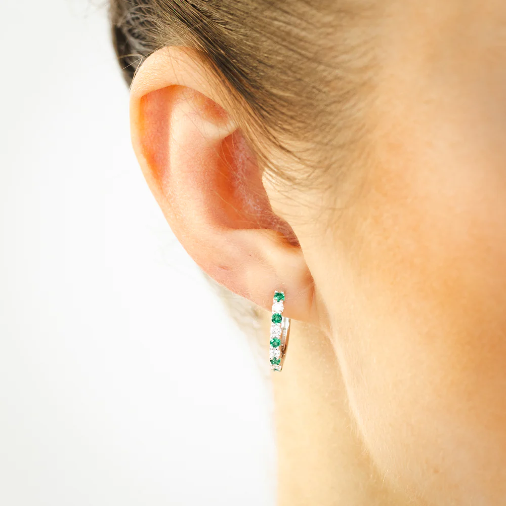 Luminesce Lab Grown 0.40 Carat Created Emerald with 1/4 Carat Diamond Hoop Earrings in Sterling Silver - Image 2