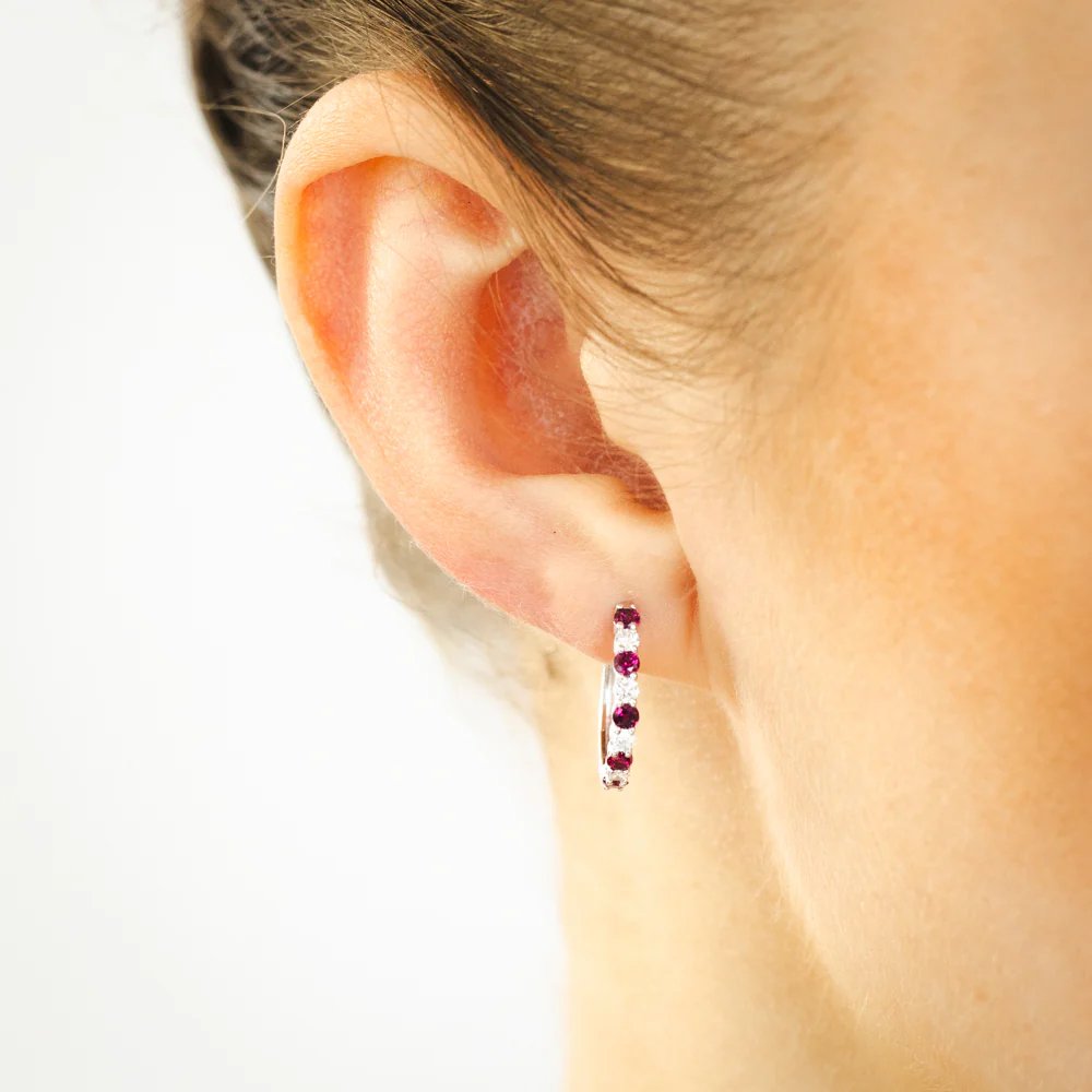 Luminesce Lab Grown 0.40 Carat Created Ruby with 1/4 Carat Diamond Hoop Earrings in Sterling Silver - Image 2