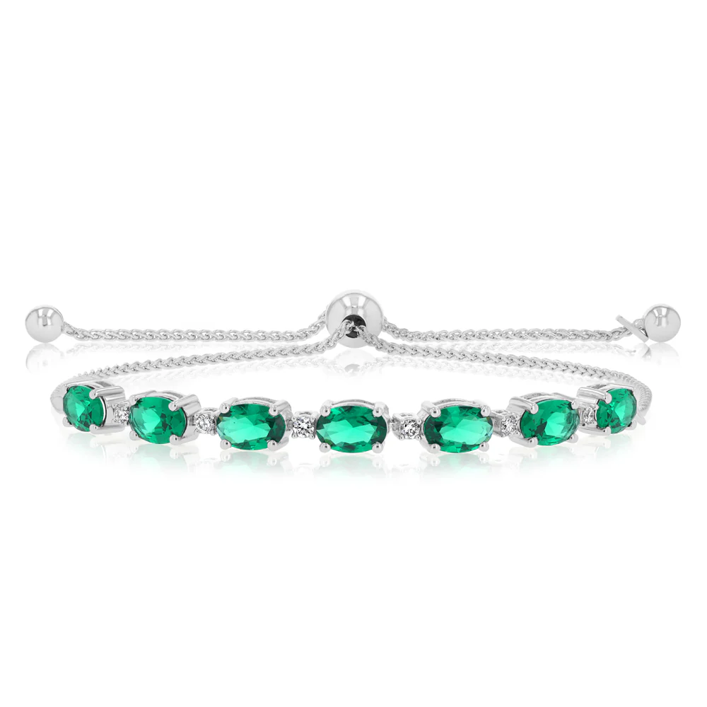 Luminesce Lab Grown 1/10 Carat Diamond and 4.15 Carat Created Emerald Bolo Bracelet in Sterling Silver
