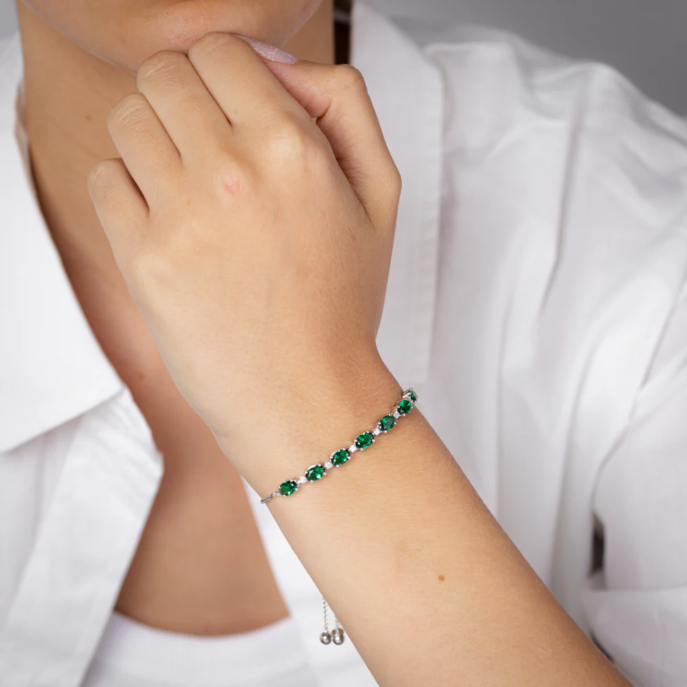 Luminesce Lab Grown 1/10 Carat Diamond and 4.15 Carat Created Emerald Bolo Bracelet in Sterling Silver - Image 3
