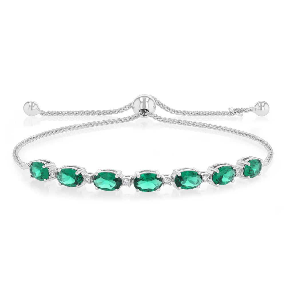 Luminesce Lab Grown 1/10 Carat Diamond and Created Emerald Bolo Bracelet in Sterling Silver