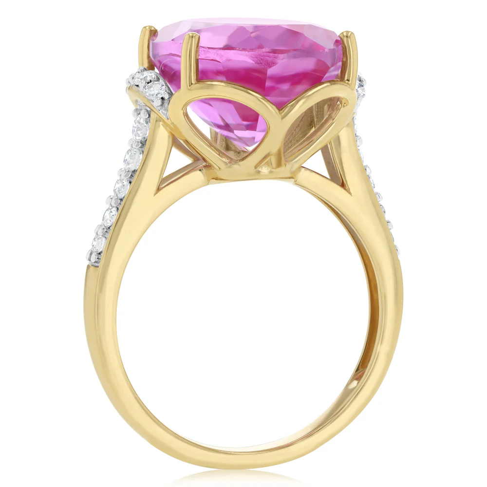Luminesce Lab Grown 1/3 Carat Diamond and 7 Carat Created Pink Sapphire Ring in 9ct Yellow Gold - Image 3