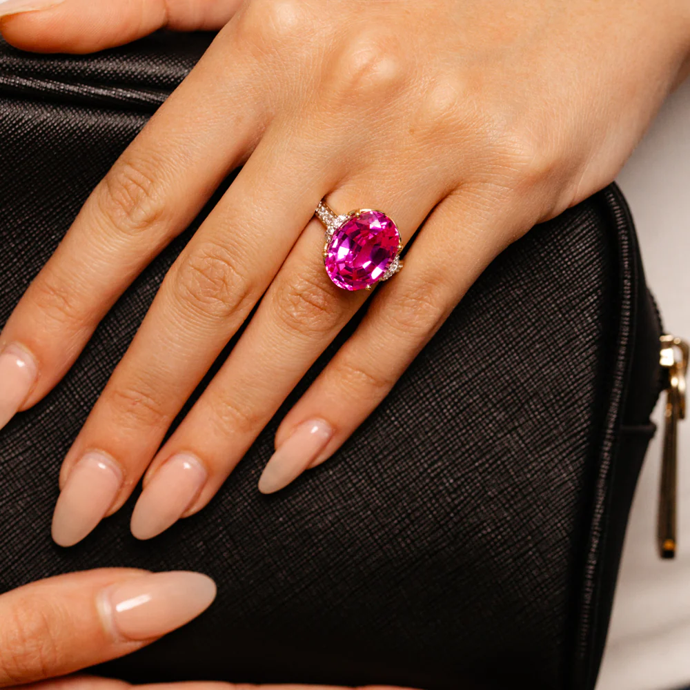 Luminesce Lab Grown 1/3 Carat Diamond and 7 Carat Created Pink Sapphire Ring in 9ct Yellow Gold - Image 5
