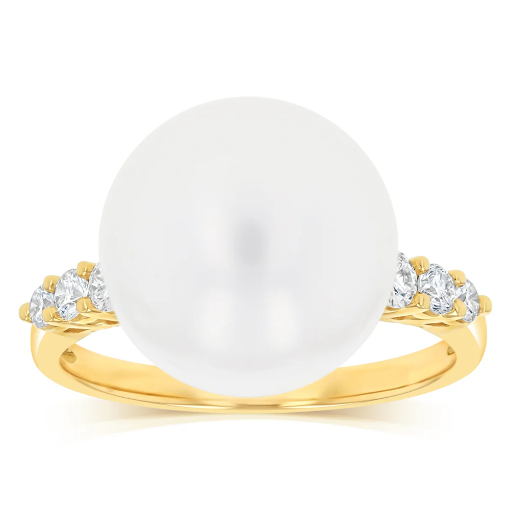 Luminesce Lab Grown 1/4 Carat Diamond and White South Sea Pearl Ring in 9ct Yellow Gold