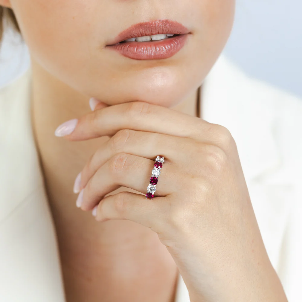 Luminesce Lab Grown 1.40 Carats Created Ruby with 1 Carat Diamond Ring in Sterling Silver - Image 3
