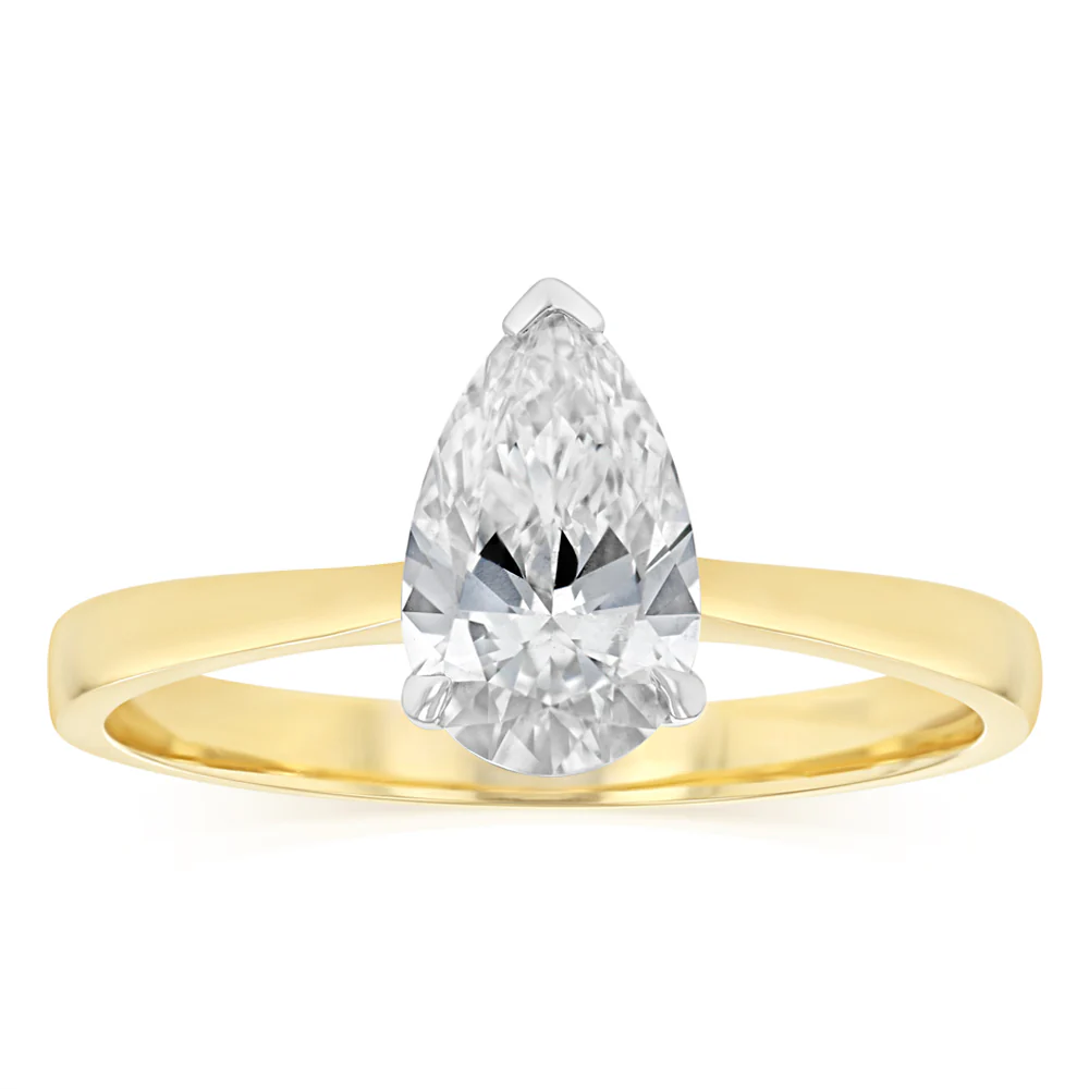 Luminesce Lab Grown 1 Carat Certified Pear Diamond Solitaire Ring in 18ct Yellow Gold