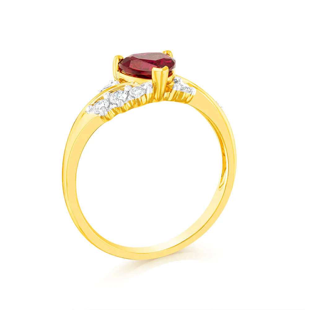 Luminesce Lab Grown 1 Carat Created Ruby Heart Ring with 1/5 Carat of Diamonds in 9ct Yellow Gold - Image 3