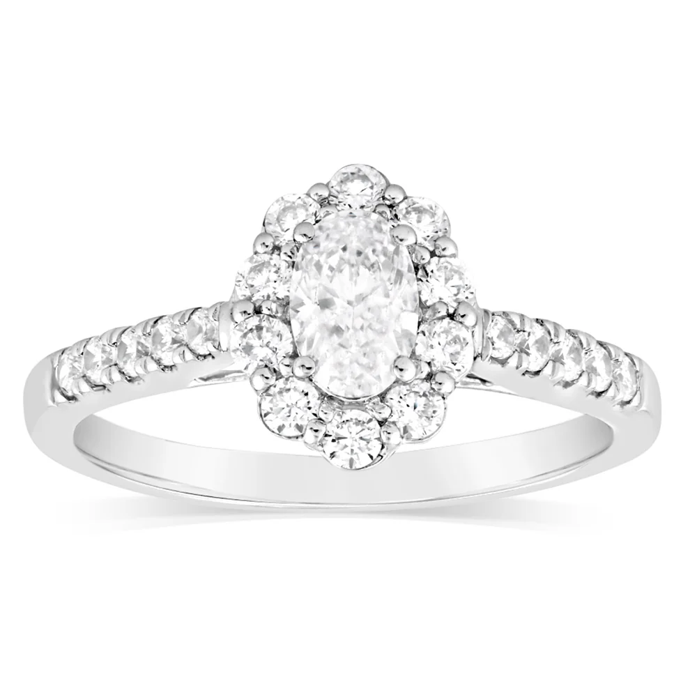 Luminesce Lab Grown 14ct White Gold 1 Carat Diamond Solitaire Fancy Ring with 1/2Carat Central Oval Cut