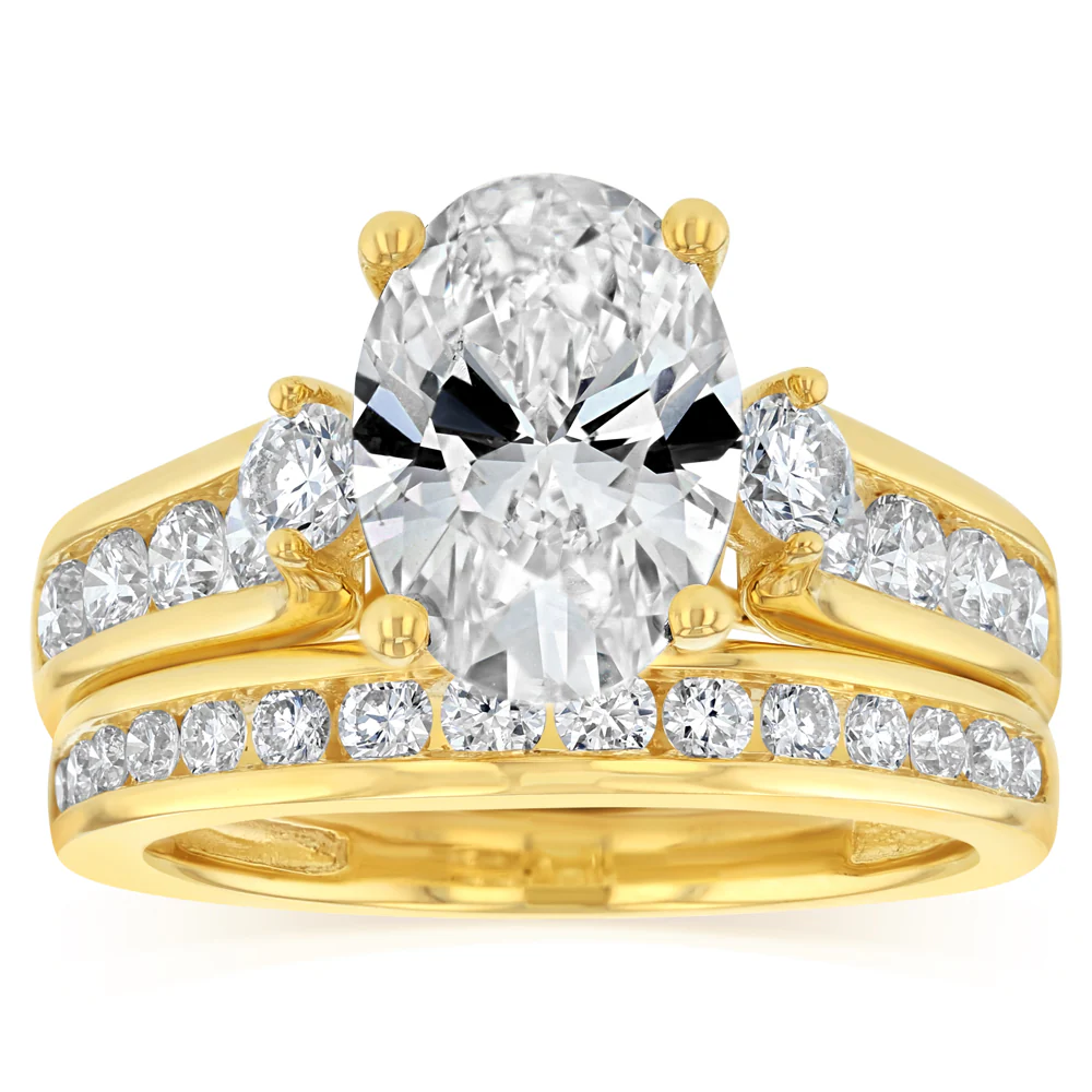 Luminesce Lab Grown 2.9 Carats with 2 Carats Centre Oval Diamond Bridal Set in 9ct Yellow Gold