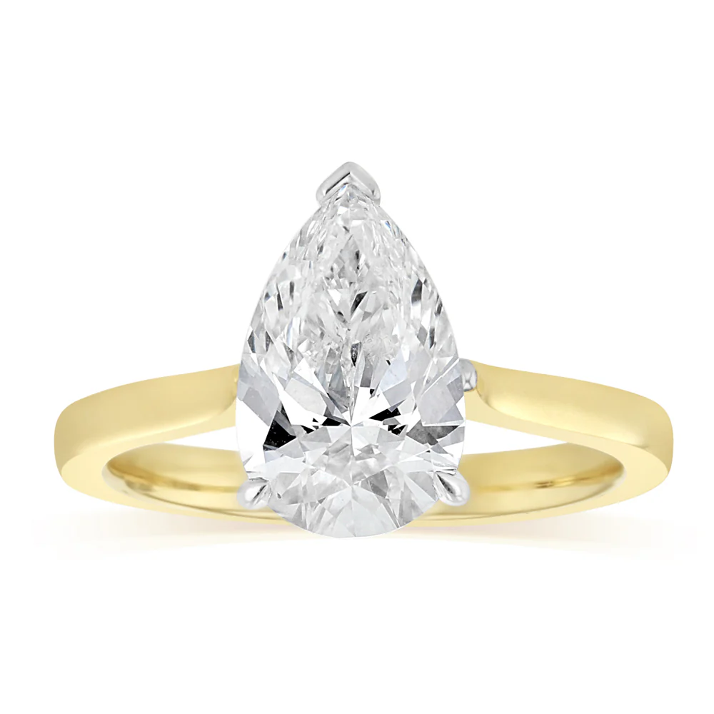Luminesce Lab Grown 2 Carat Diamond Pear Solitaire Ring in 9ct Yellow and White Gold