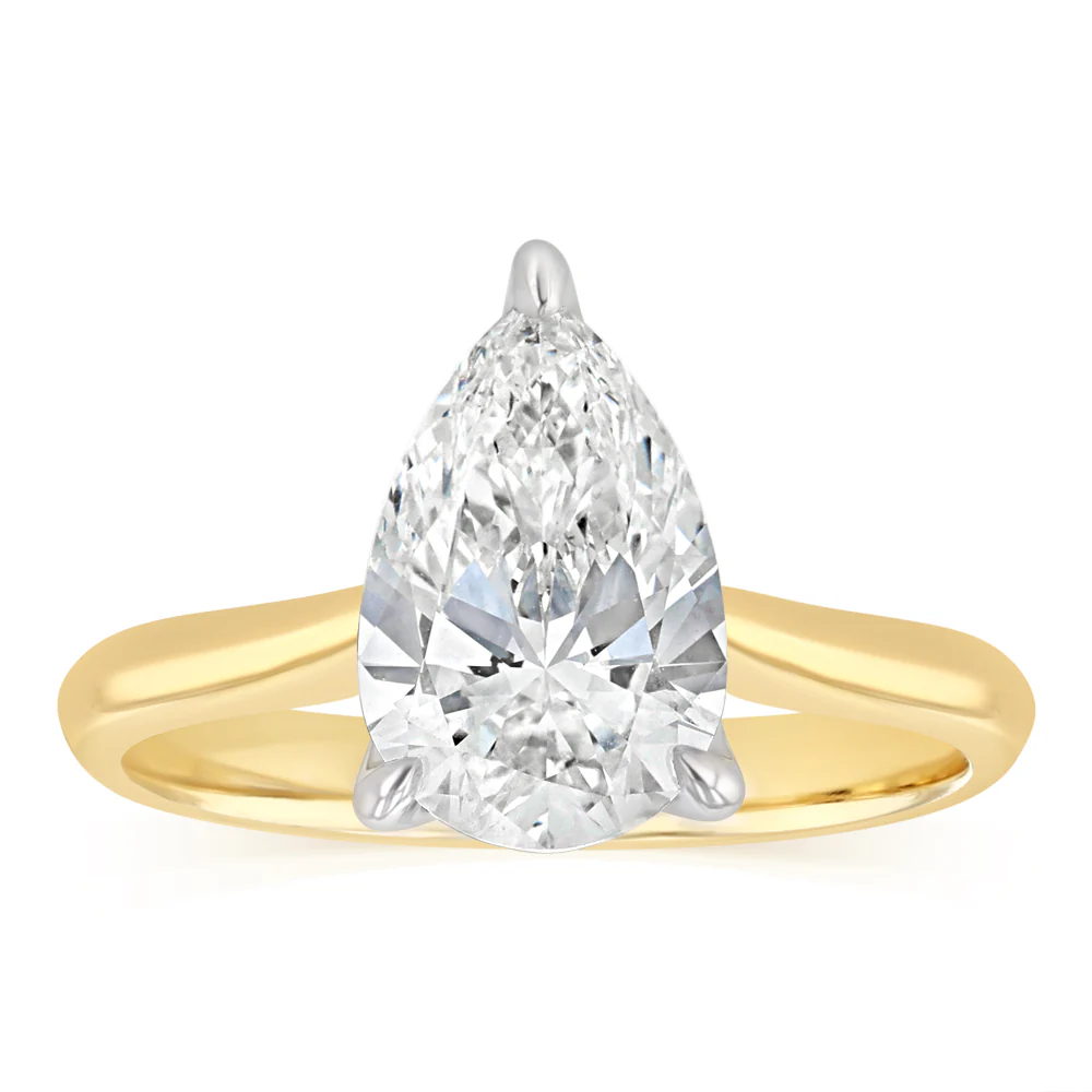 Luminesce Lab Grown 2 Carats Pear Diamond Solitaire Ring in 9ct Yellow Gold