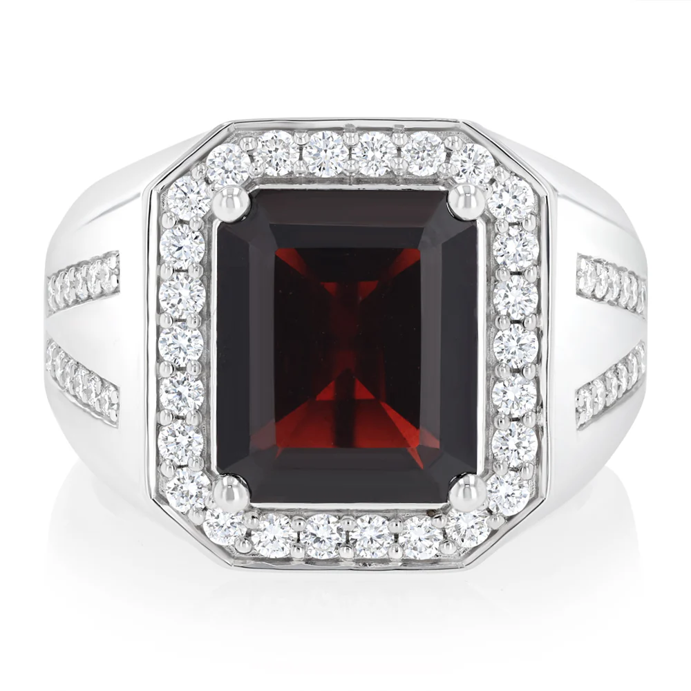 Luminesce Lab Grown 3/4 Carat Diamond and Natural Garnet Gents Ring in Sterling Silver