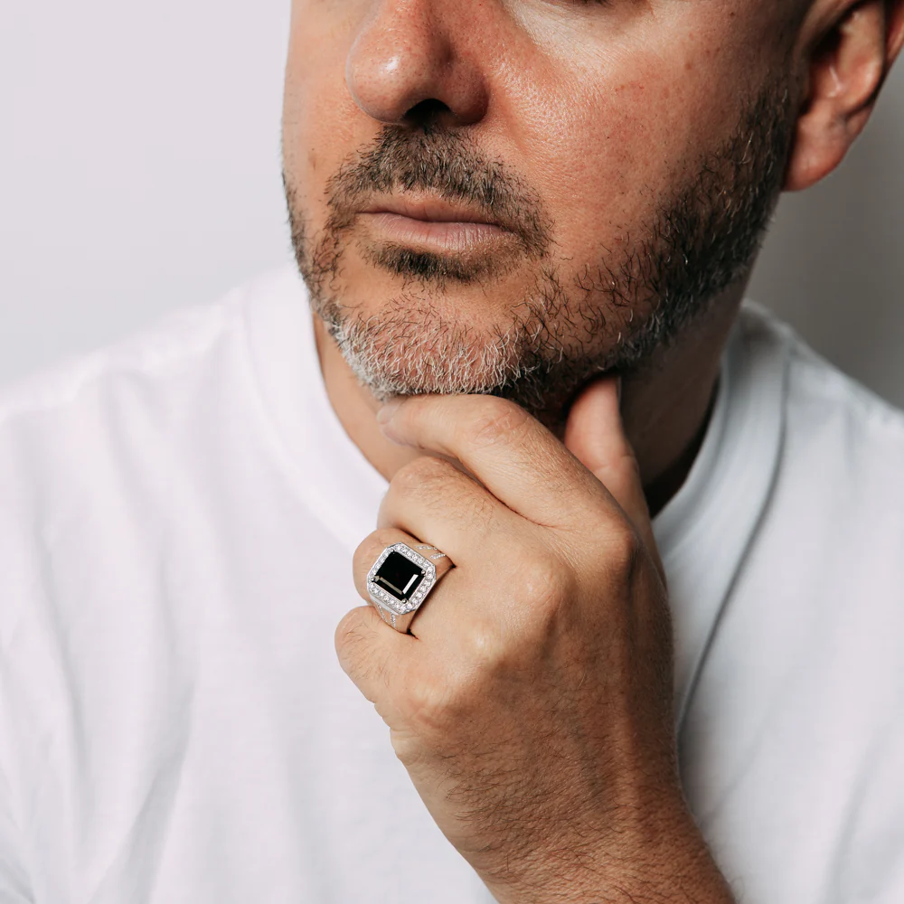 Luminesce Lab Grown 3/4 Carat Diamond and Natural Garnet Gents Ring in Sterling Silver - Image 4