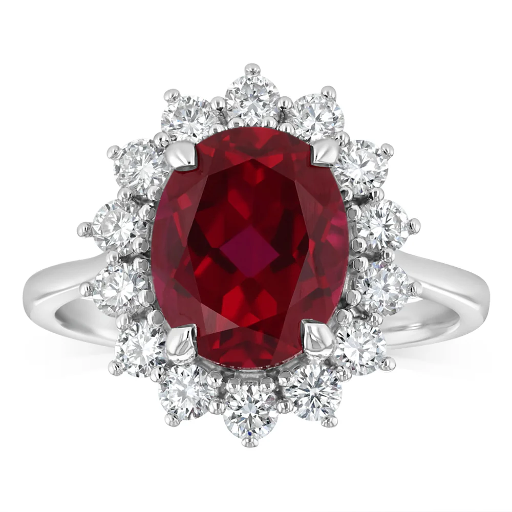 Luminesce Lab Grown 3 Carats Created Ruby with 0.70 Carat Diamond Ring in Sterling Silver