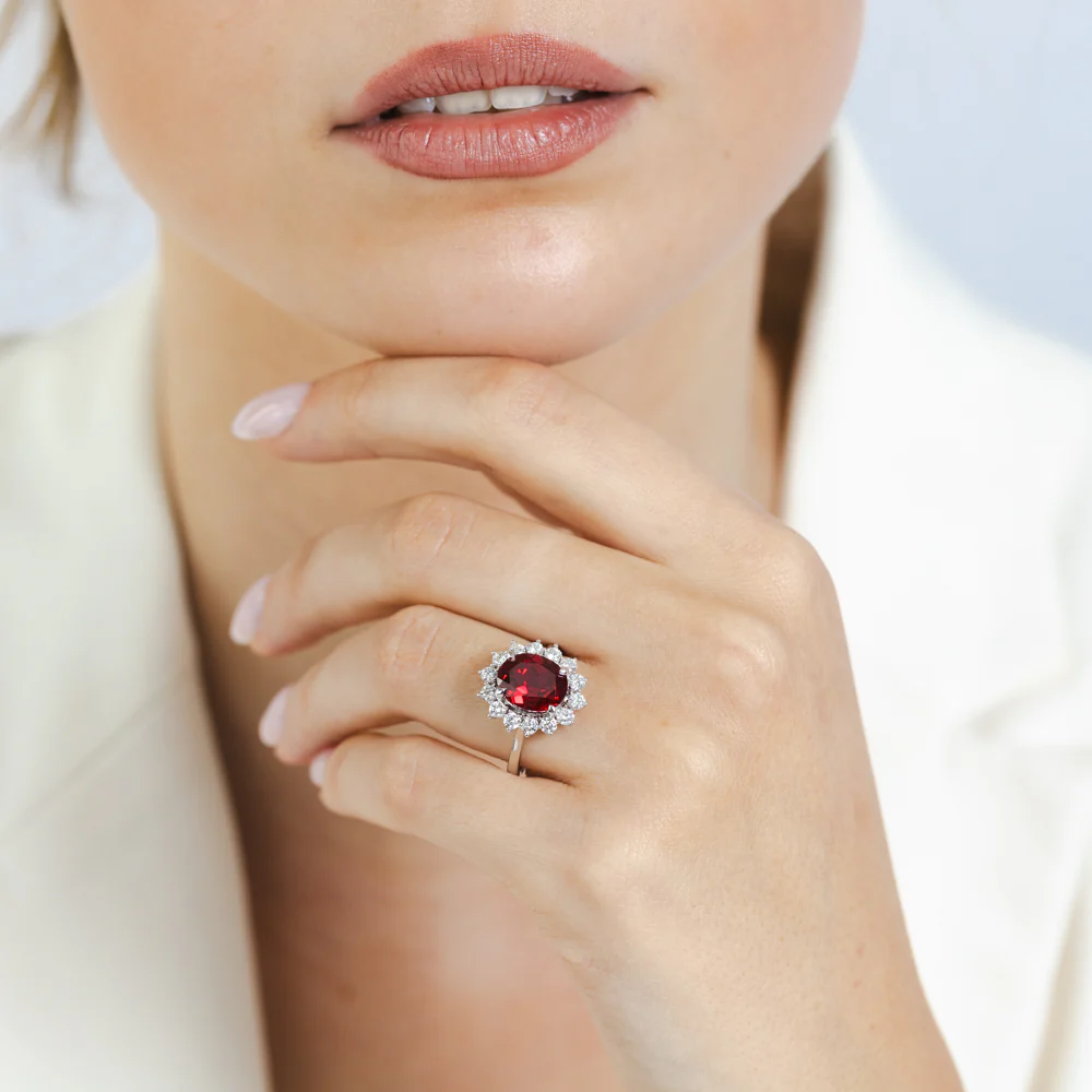 Luminesce Lab Grown 3 Carats Created Ruby with 0.70 Carat Diamond Ring in Sterling Silver - Image 3