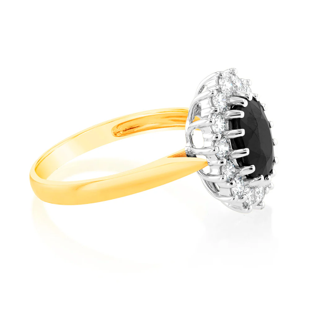 Luminesce Lab Grown 9ct Yellow Gold 0.70 Carat Diamond & 2.6ct Natural Black Sapphire 9x7mm Ring - Image 2