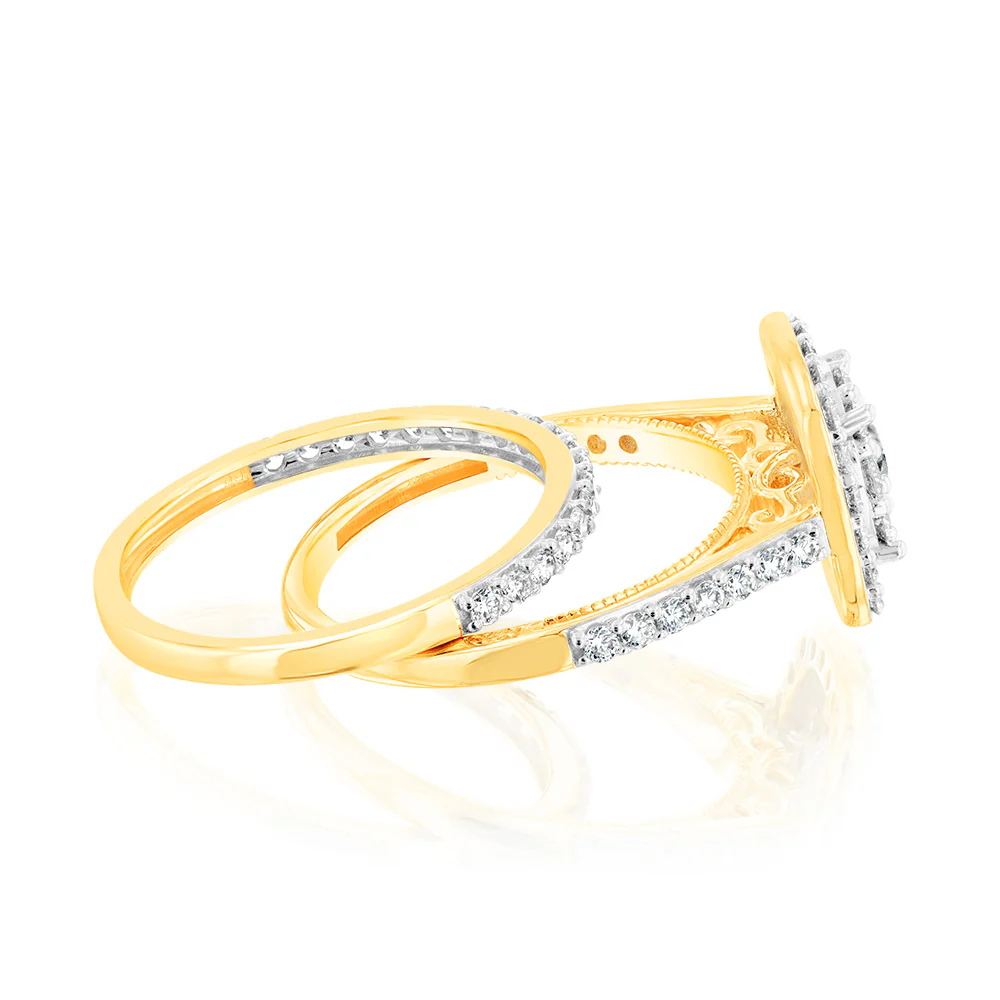 Luminesce Lab Grown 9ct Yellow Gold 1.2 Carat Diamond Cushion Shaped Bridal Ring Set - Image 2