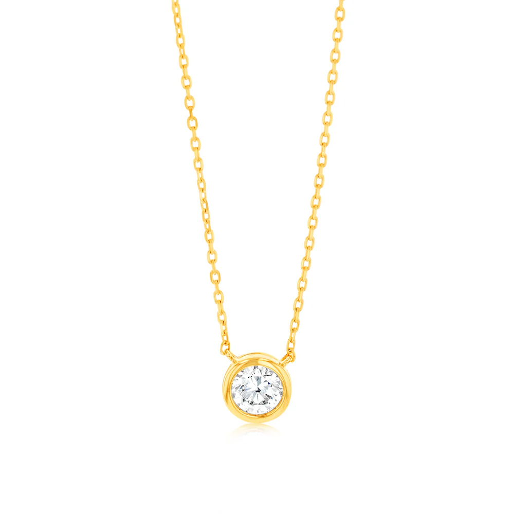 Luminesce Lab Grown 9ct Yellow Gold 1/5 Carat Diamond Round Shaped Bezel Pendant Chain Included
