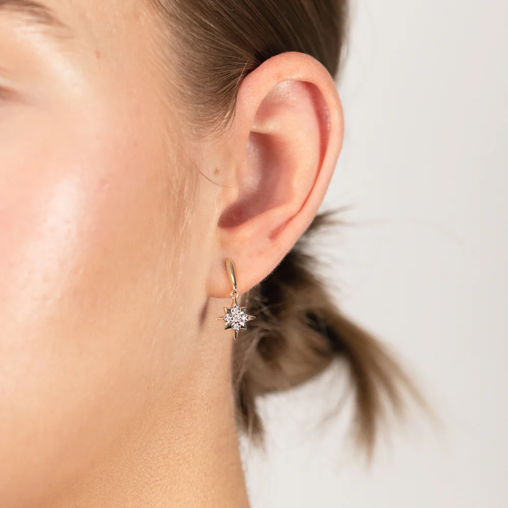Luminesce Lab Grown 9ct Yellow Gold Star Shaped Drop Earrings in 10 Diamonds - Image 2