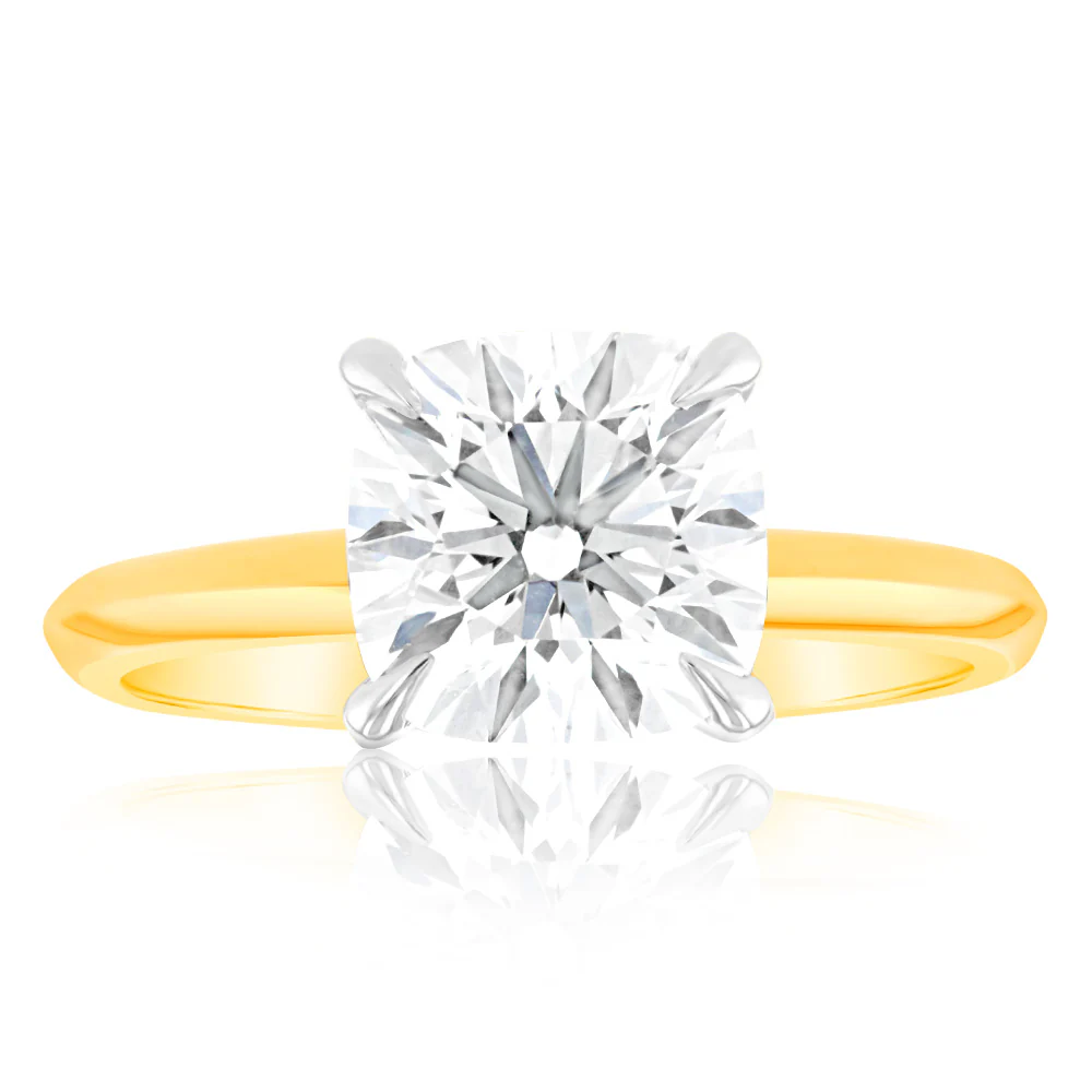 Luminesce Lab Grown Certified 2 Carat Diamond Cushion Cut Ring in 18ct Yellow Gold