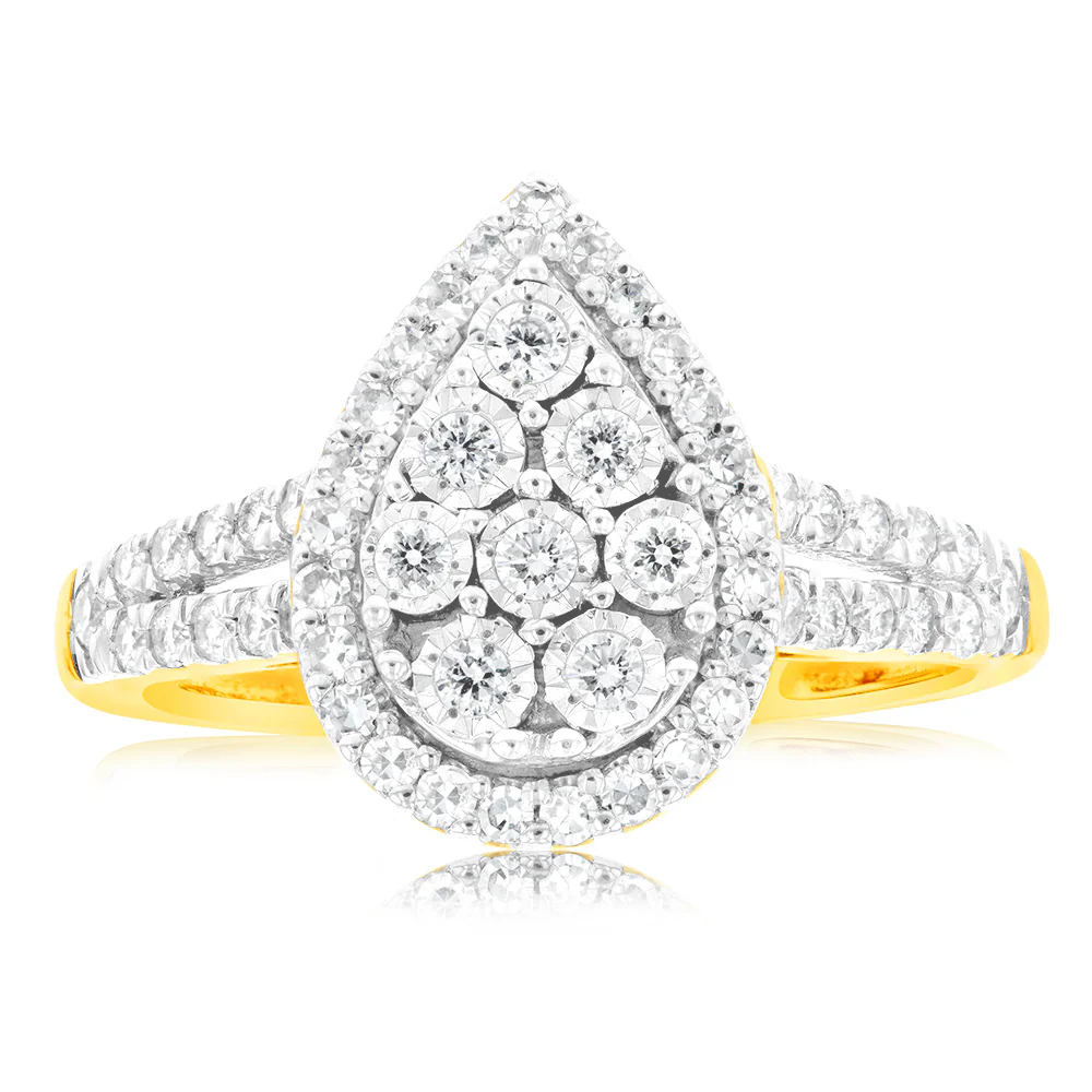Luminesce Lab Grown Pear Ring with 1/2 Carat 54 Diamonds Set in 9 Carat Yellow Gold