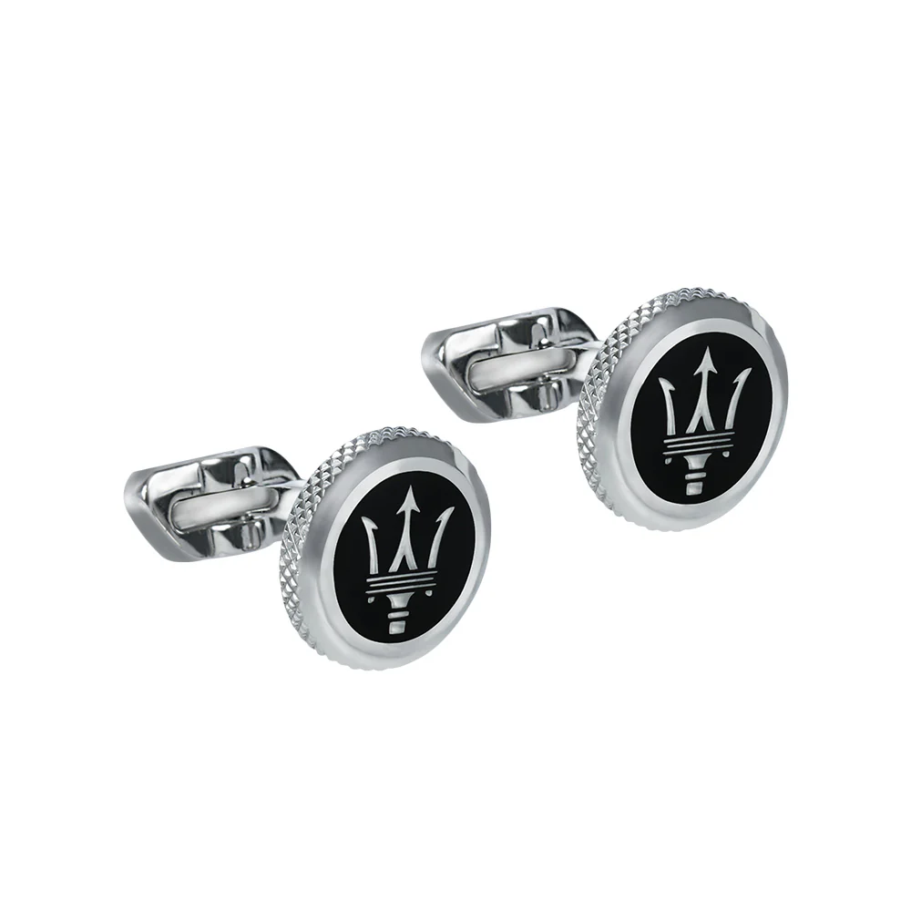 Maserati Stainless Steel Round Black And Silver Logo Cufflinks