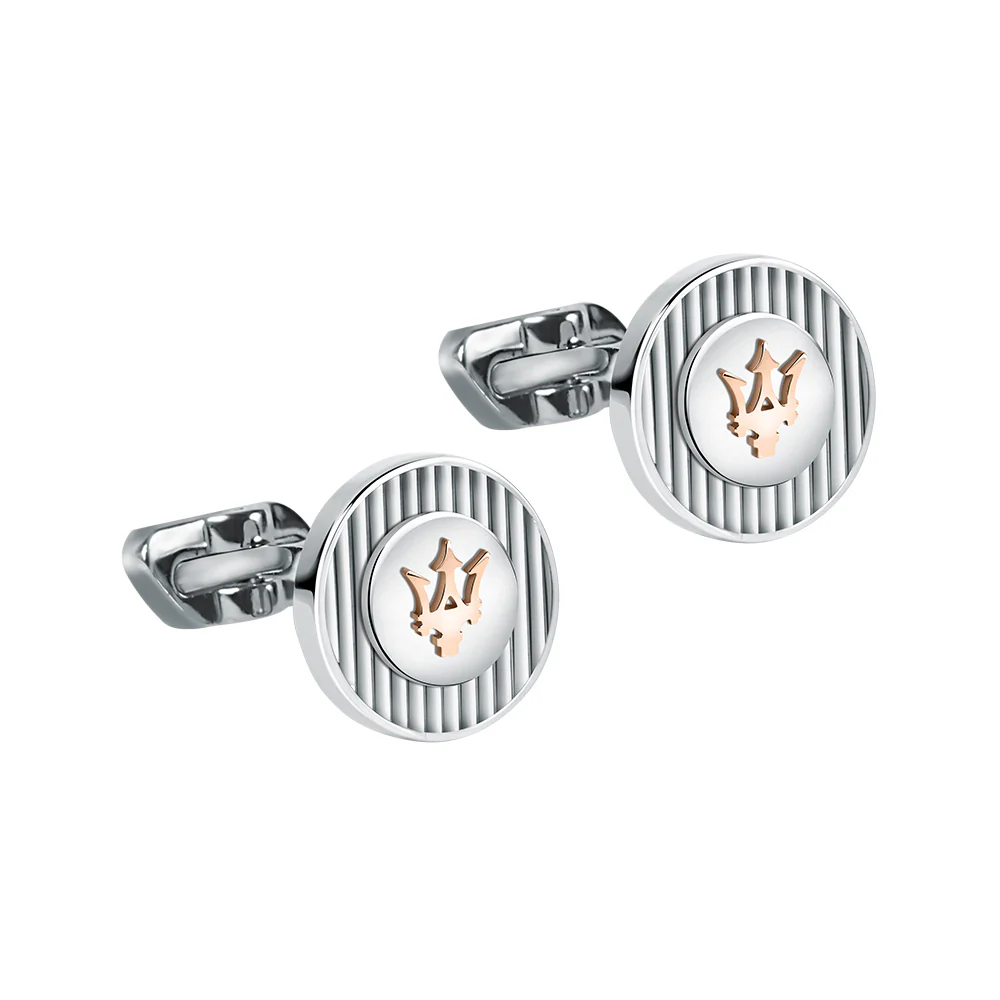 Maserati Stainless Steel Round Stripped Rose Gold Logo Cufflinks
