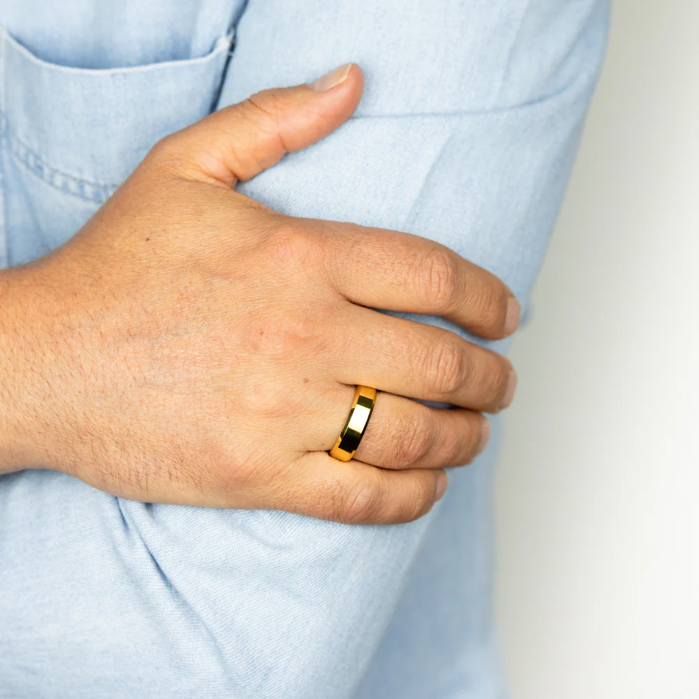 Matt Finish Beveled Edge Gold Polished Tungsten Ring - Image 2