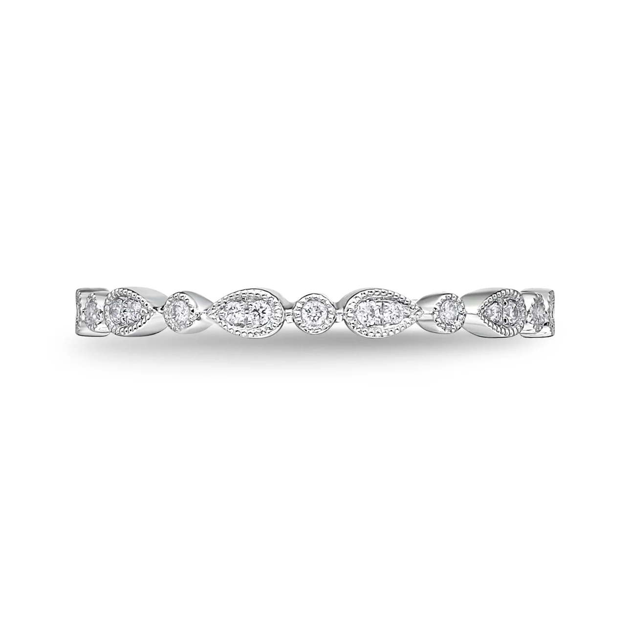 Memoire 18ct White Gold Vintage Round & Illusion Pear Stack Ring with 19 Diamonds - Image 2