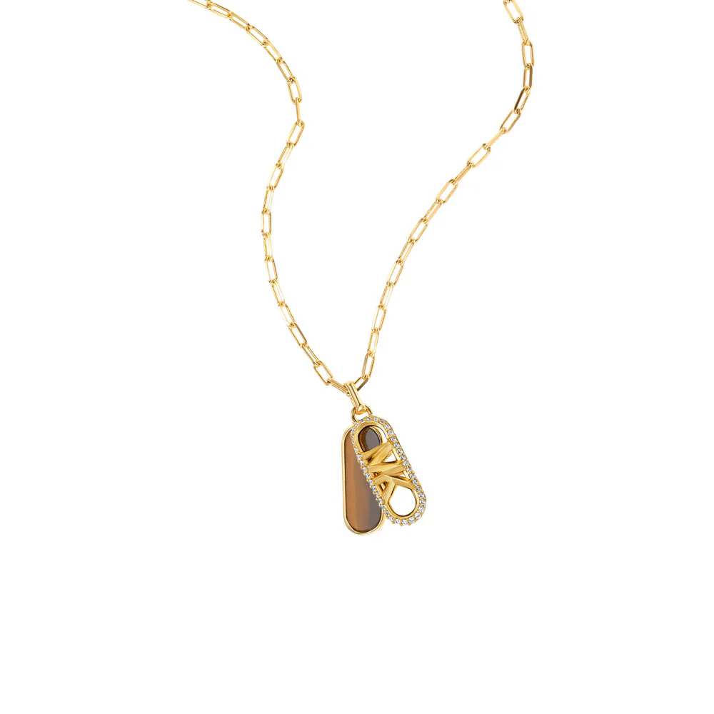 Michael Kors 14ct Yellow Gold Plated Brass Tiger's Eye Dog Tag Pendant with Chain - Image 3