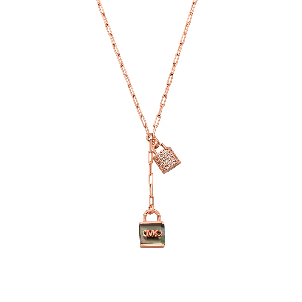 Michael Kors Rose Gold Plated Sterling Silver Pave And Grey Mother Of Pearl Locks Pendant On Paperclip Chain - Image 2