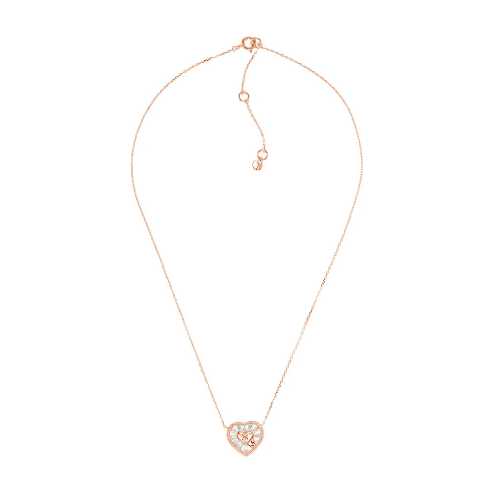 Michael Kors Rose Gold Plated Sterling Silver Premium Tapered Baguette CZ Heart Pendant With Chain