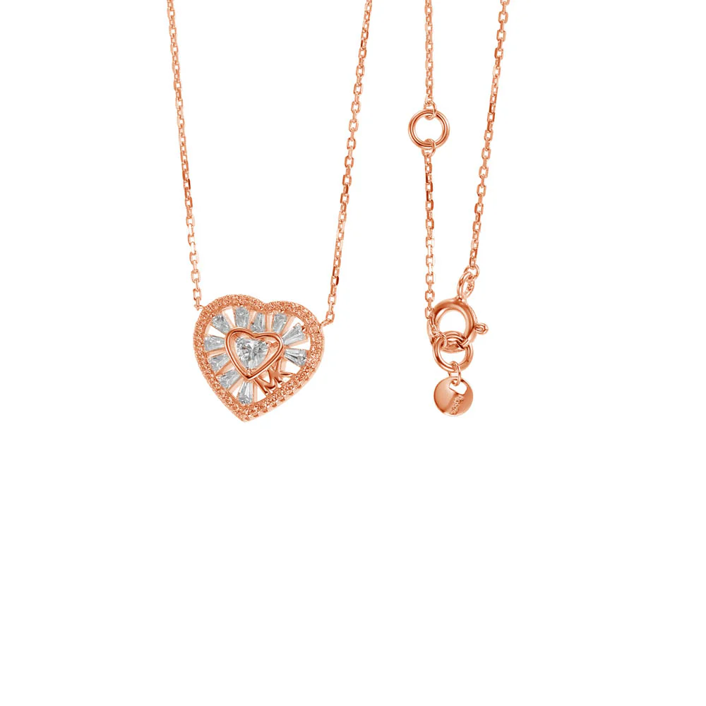 Michael Kors Rose Gold Plated Sterling Silver Premium Tapered Baguette CZ Heart Pendant With Chain - Image 2