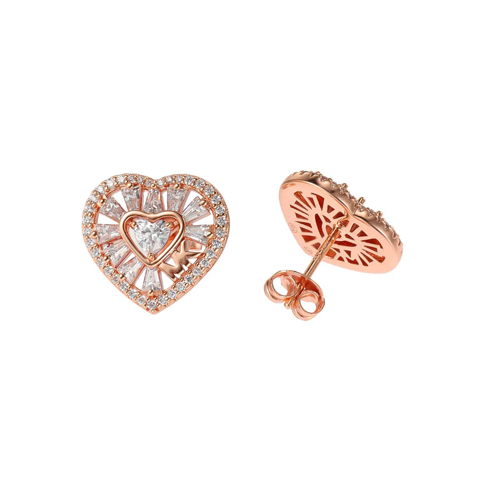 Michael Kors Rose Gold Plated Tapered Baguette CZ Heart Stud Earrings - Image 2
