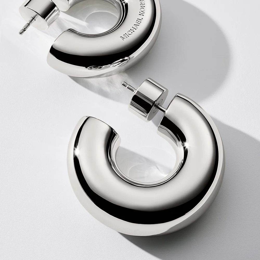 Michael Kors Silver Plated Brass Chunky Platinum Hoop Earrings - Image 3
