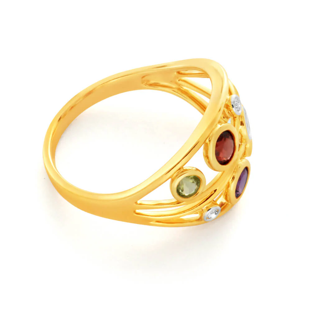 Natural Amethyst, Blue Topaz, Garnet, Peridot & Diamond Ring in 9ct Yellow Gold - Image 2