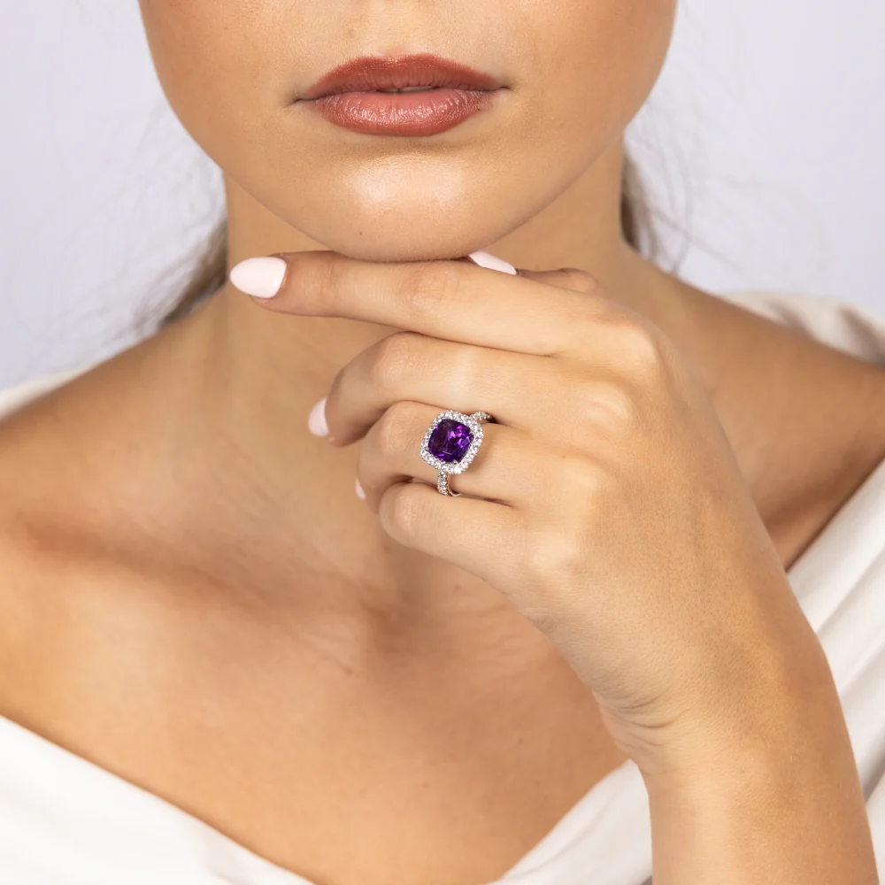 Natural Amethyst & Created White Sapphire Ring Sterling Silver - Image 3