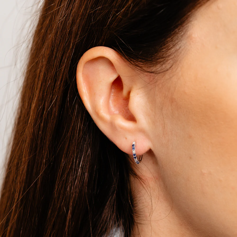 Natural Blue Sapphire and Diamonds Hoop Earrings in 9ct White Gold - Image 3