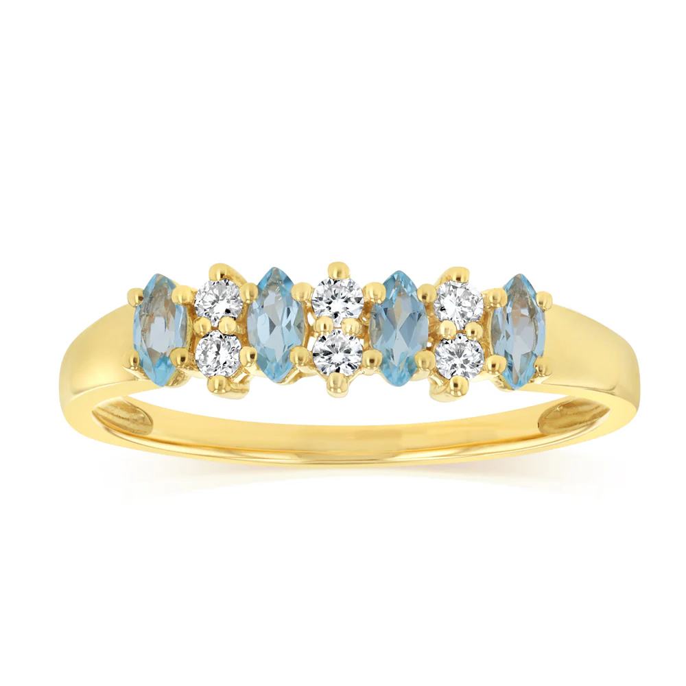 Natural Blue Topaz with 0.15 Carat Luminesce Lab Grown Diamond Ring in 9ct Yellow Gold