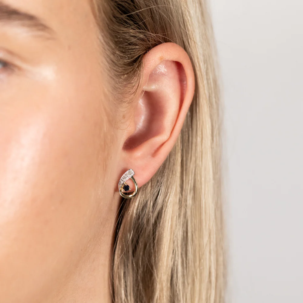 Natural Dark Round Sapphire 2.5mm & Small Diamond Stud Earrings in 9ct Yellow Gold - Image 2