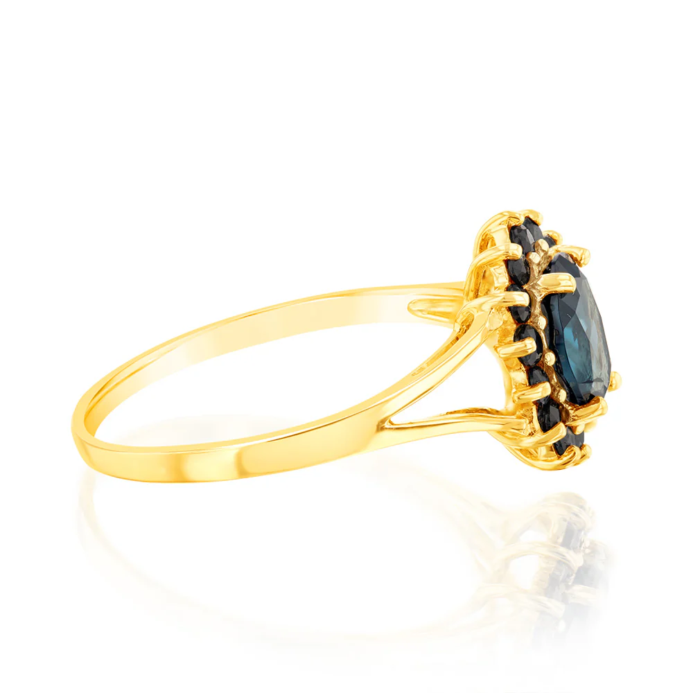 Natural London Round Blue Topaz & Black Oval Sapphire Ring in 9ct Yellow Gold - Image 2