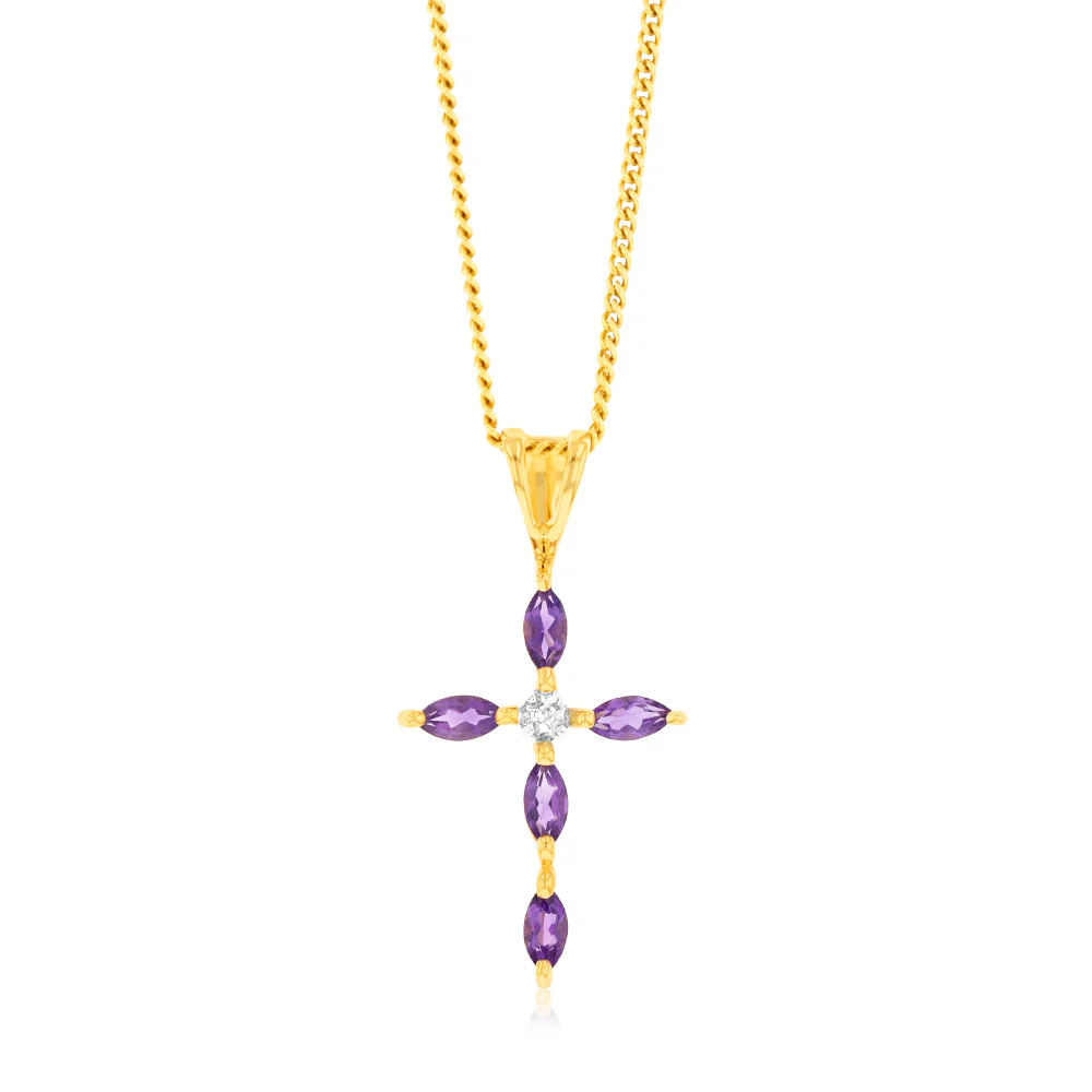 Natural Marquise Cut Amethyst Cross Diamond Pendant in 9ct Yellow Gold
